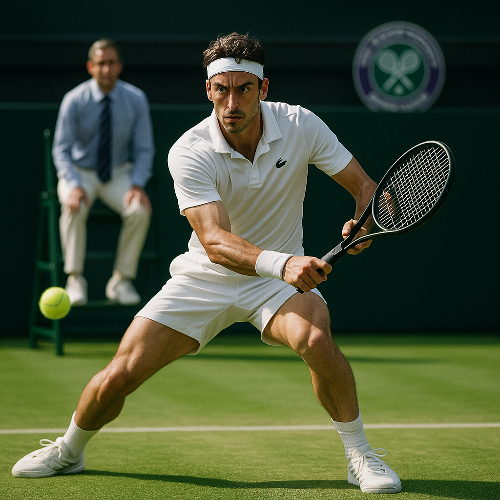 A high-energy shot of the Wimbledon final, featuring a focused player about to serve,
