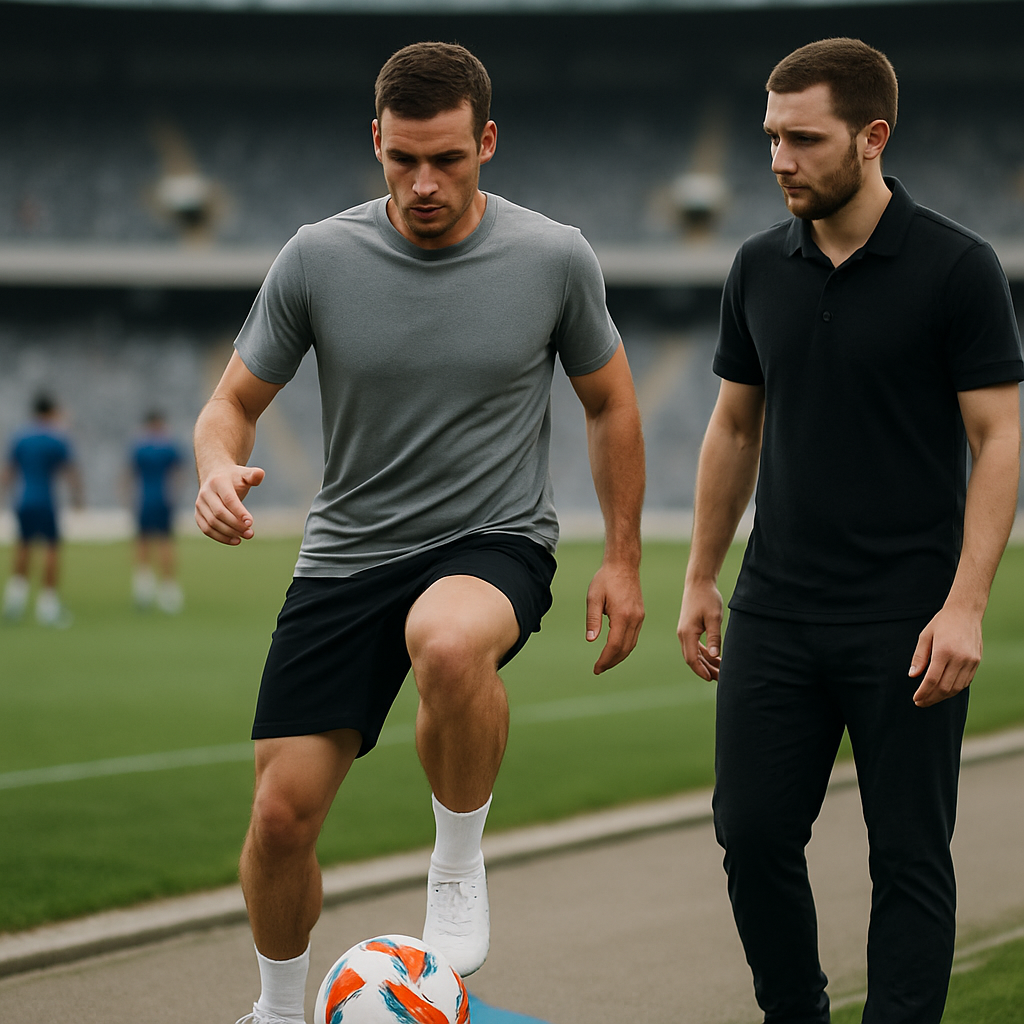 An athlete calmly works through a rehabilitation drill on the sideline, with a physiotherapist