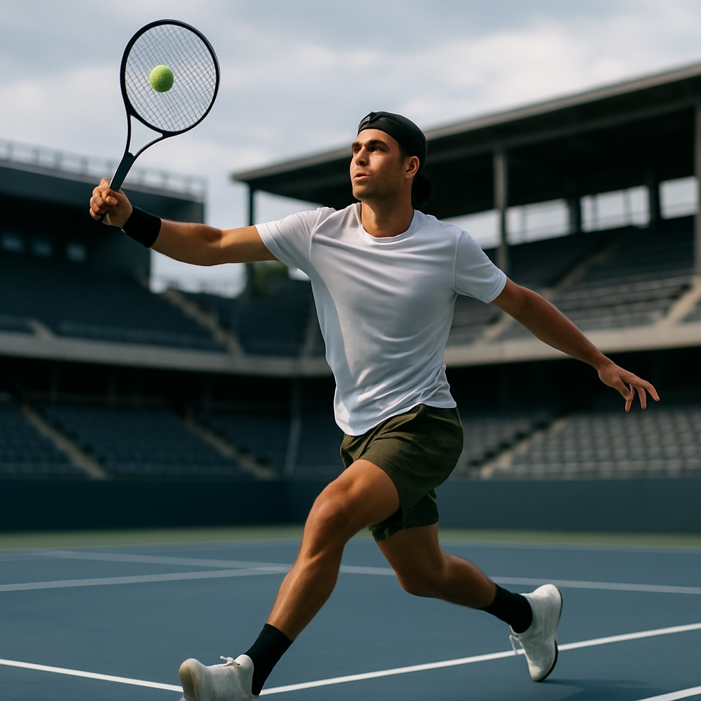 A tennis player delivers a precise, spinning serve and prepares for the next shot.