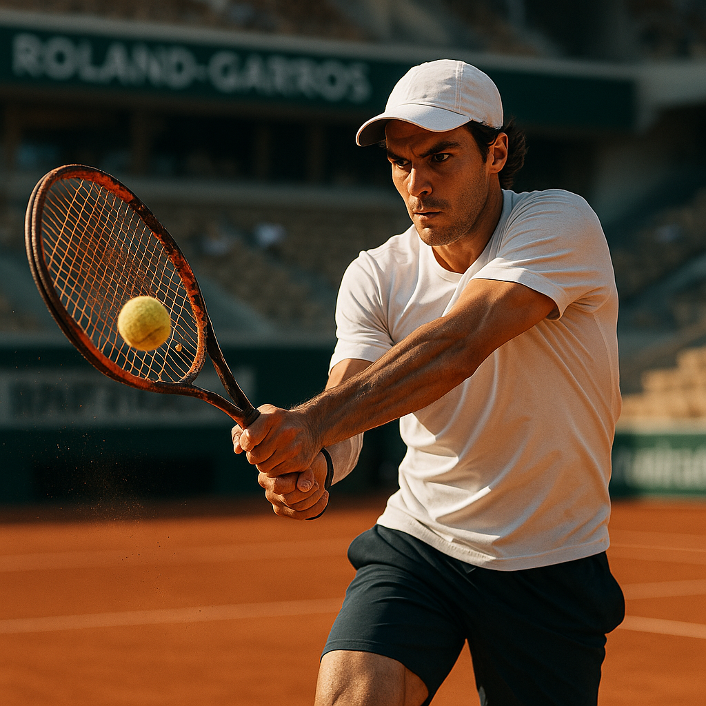 A close-up action shot of a professional athlete striking a tennis ball on a