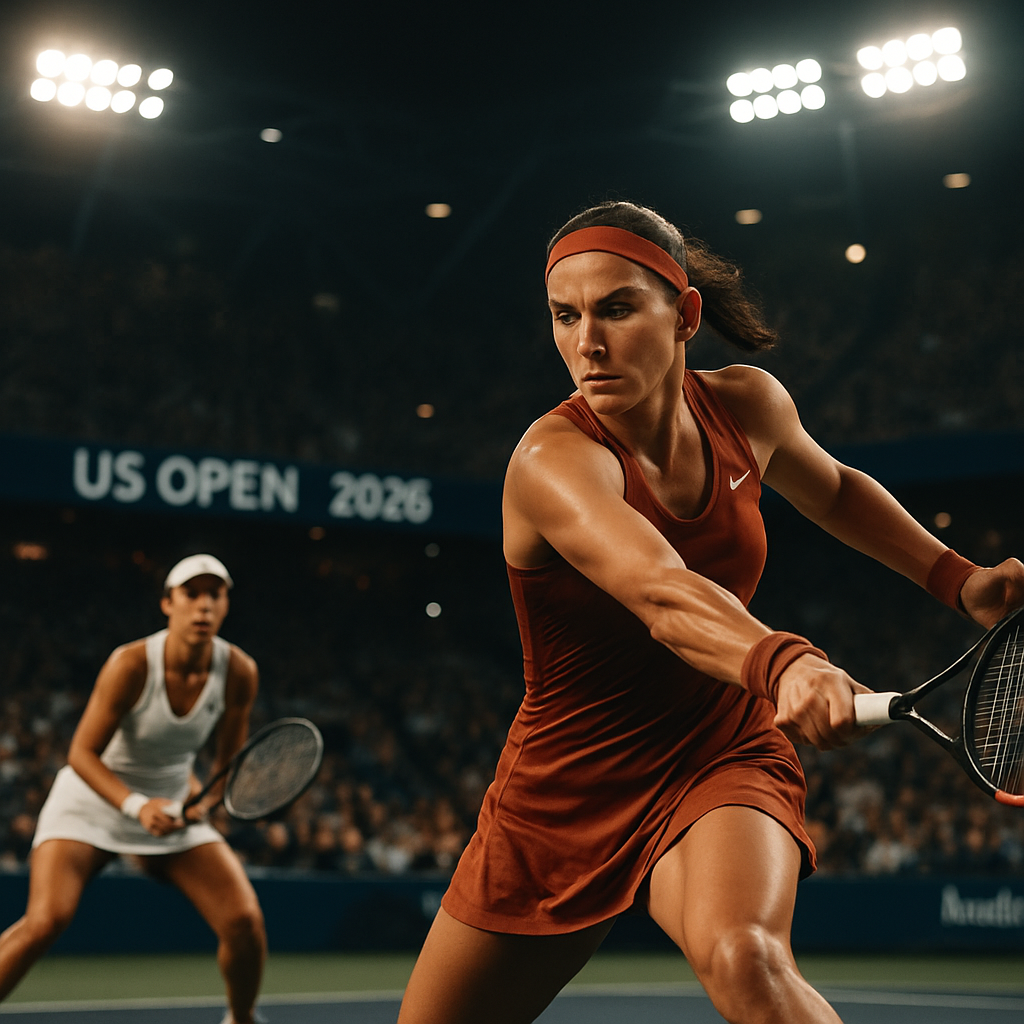 A nighttime tennis match at the 2026 US Open featuring two female players in