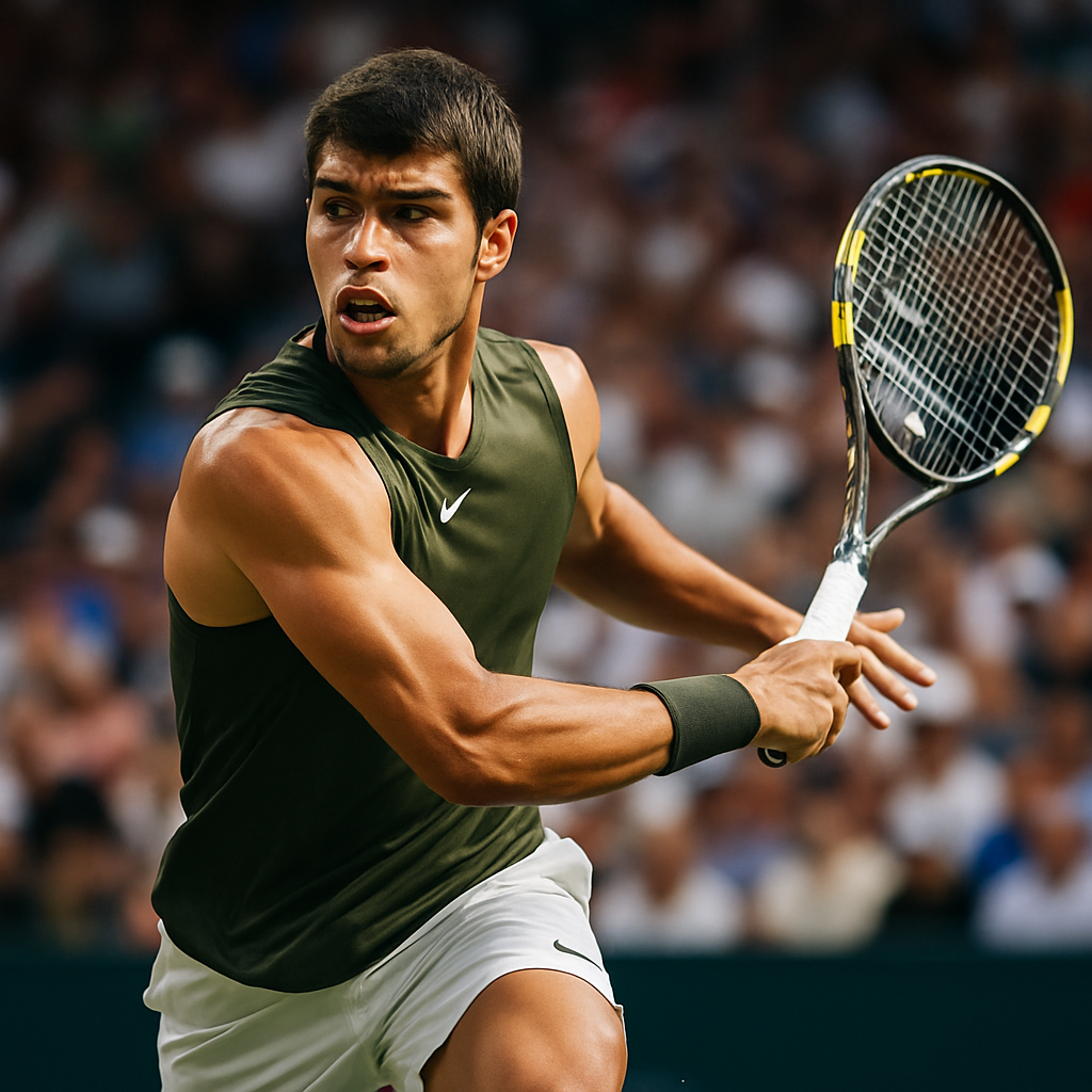 Carlos Alcaraz intensely focusing during a tennis match, racquet in motion, with a vibrant