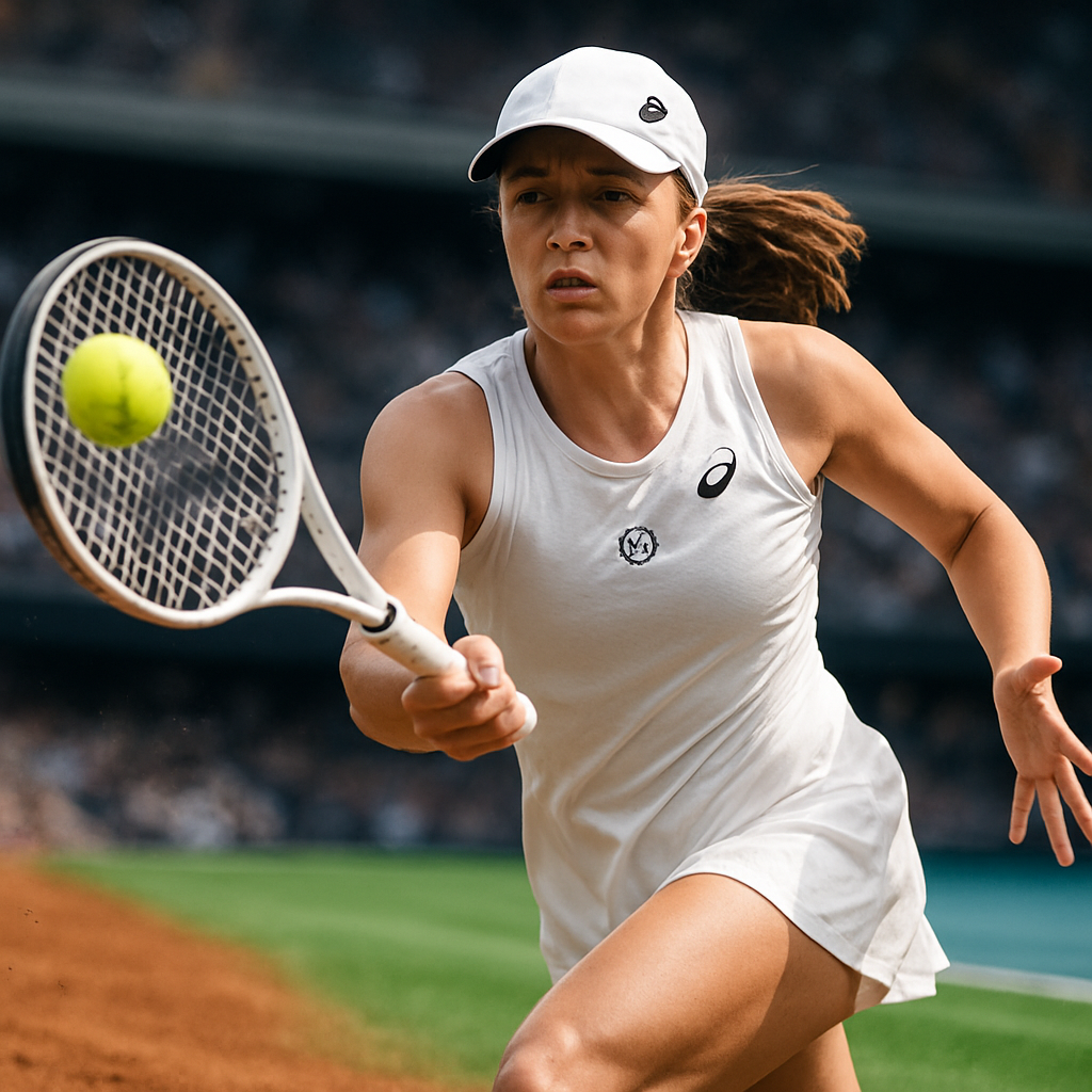 Iga Świątek masterfully executing a forehand swing on a tennis court, symbolizing her adaptability
