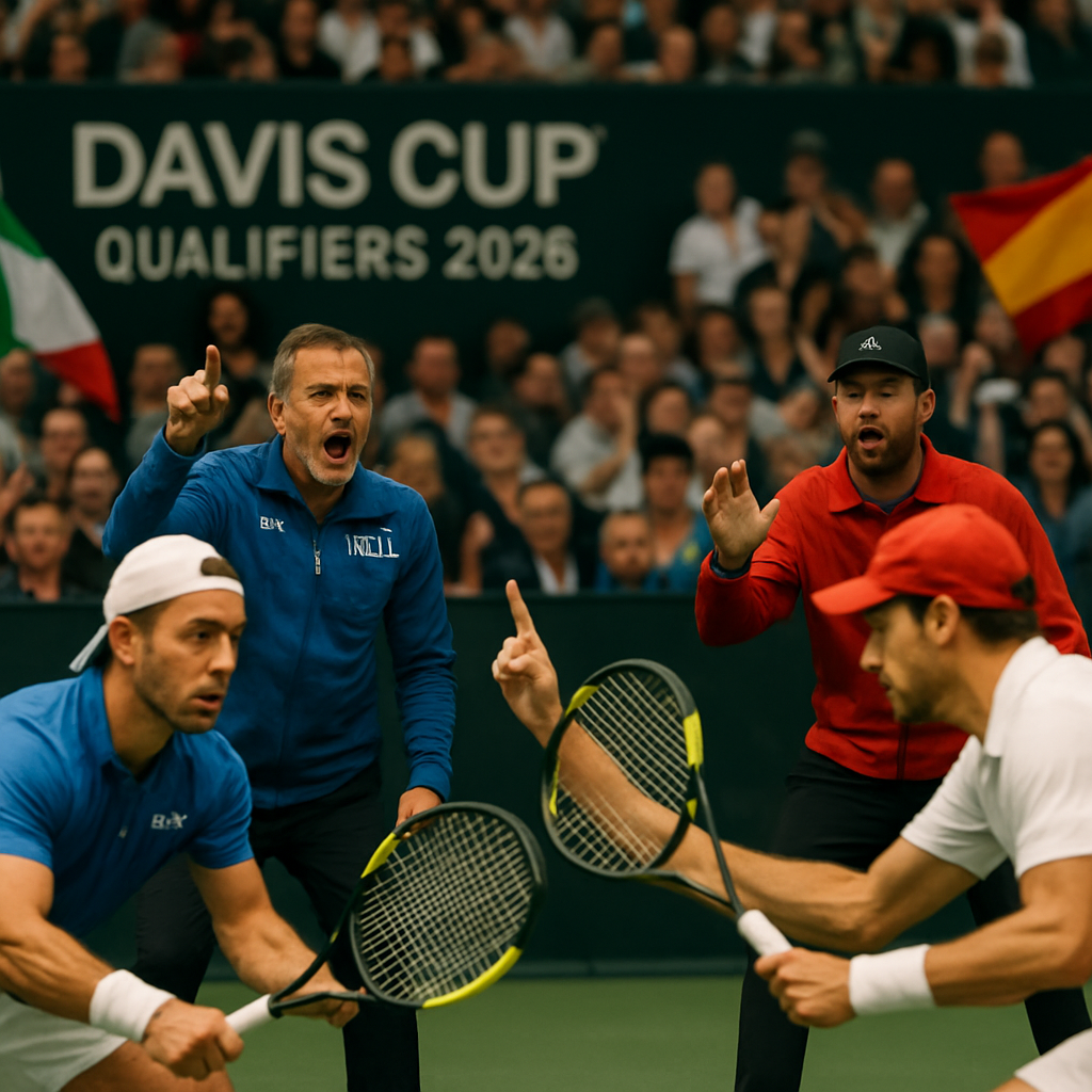 A high-stakes tennis match moment with team captains and key players engaged in strategic