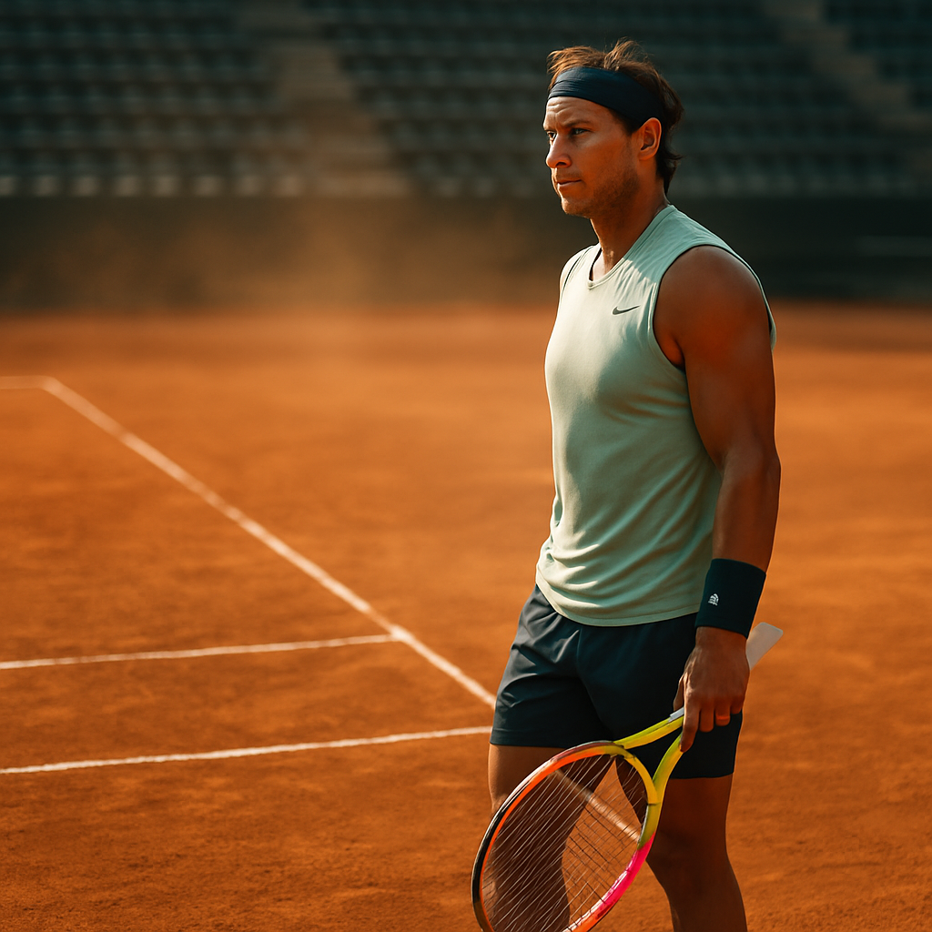 Rafael Nadal stands on a sunlit red clay court, reflecting on the battles and