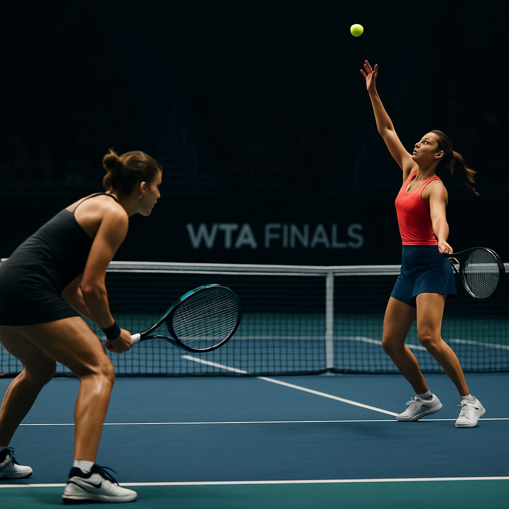 Two focused women tennis players face off across the net on an indoor hard