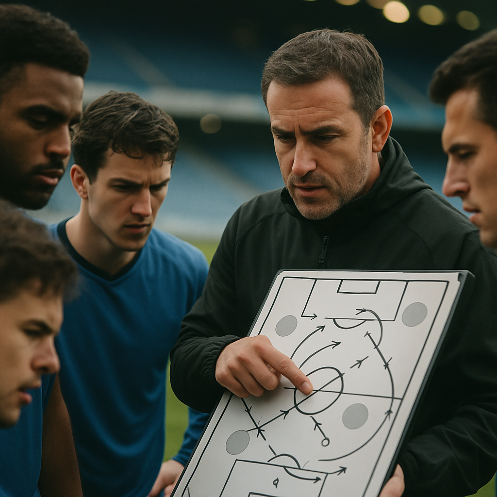 An underdog team studies a tactics board, planning to exploit open spaces and control
